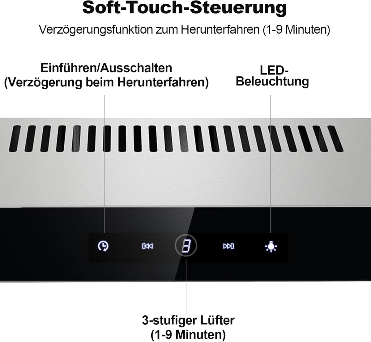 TopStrong afzuigkap 60 cm, onderbouw afzuigkap 60 cm, recirculatie/afvoer, afzuigkap met CF-K actieve koolfilter, 201 m³/h luchtstroom, roestvrijstalen afzuigkap, 3 standen Soft Touch bediening