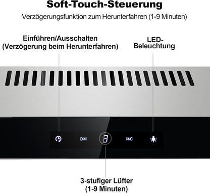 TopStrong afzuigkap 60 cm, onderbouw afzuigkap 60 cm, recirculatie/afvoer, afzuigkap met CF-K actieve koolfilter, 201 m³/h luchtstroom, roestvrijstalen afzuigkap, 3 standen Soft Touch bediening