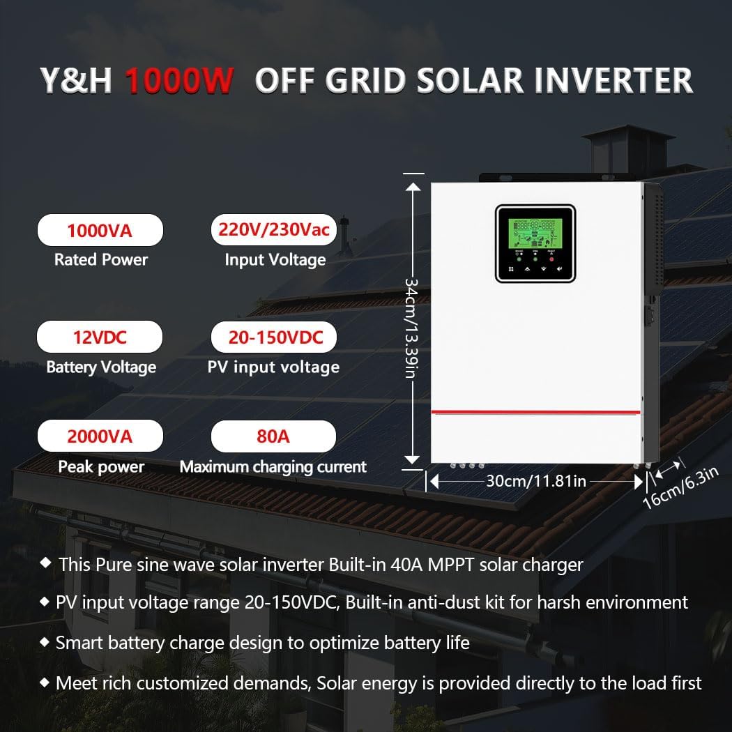 Y&H 1000W Solar Hybrid Inverter DC12V to AC230V, Off-Grid True Sine Wave Inverter with 40A MPPT Solar Charger Max PV 600W DC150V Input, Suitable fo