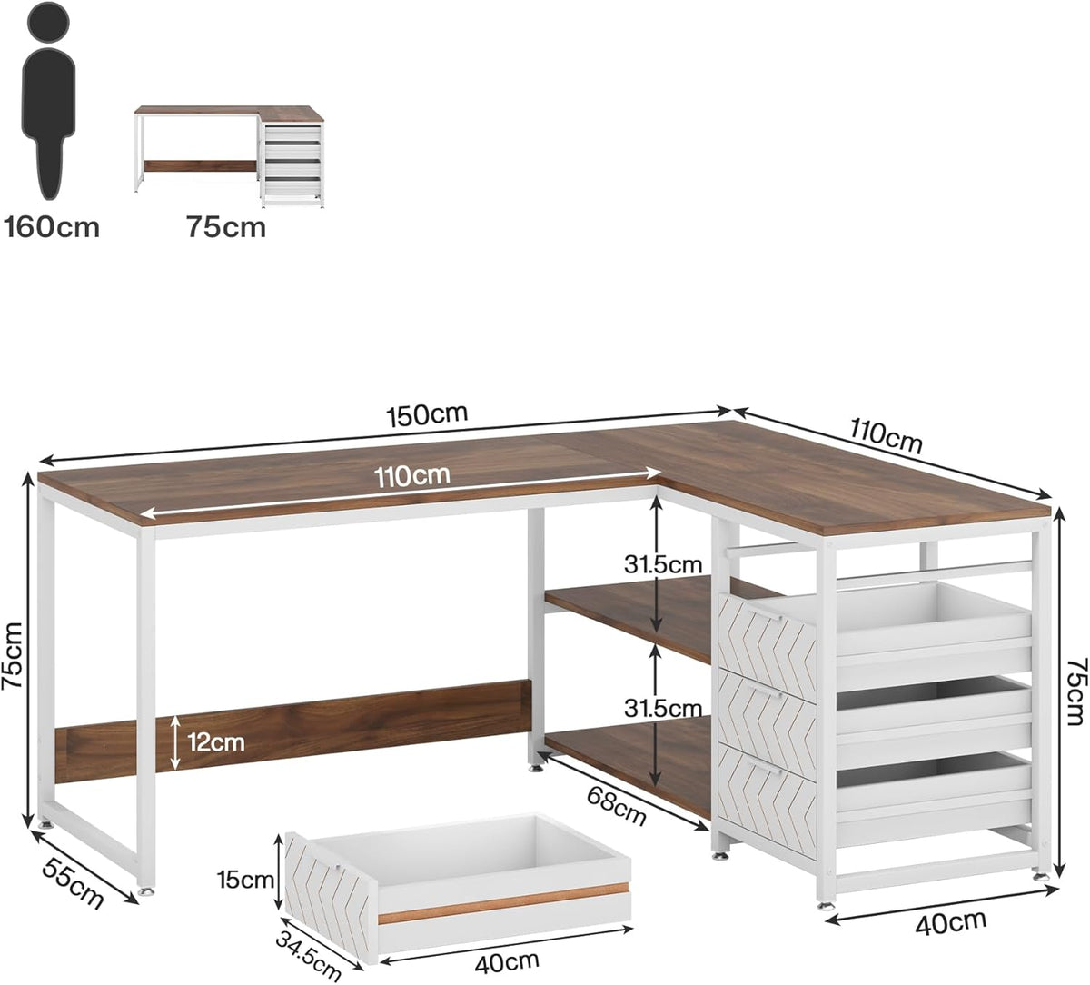 Tribesigns L-Shape Desk with 4 Drawers, L-Shaped Computer Table with 2 Shelves, Reversible Corner Desk with Storage for Office, Study, Living Room, 150 x 110 x 75 cm (Walnut and White)