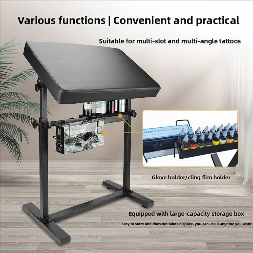 Professionele verstelbare tattoo-armsteun – hoogte 66-98 cm, 340° draaibare tafel (60 x 40 cm) met PU-lederen bekleding, stabiele ijzeren basis en accessoirevak voor studio en tattoo-kunstenaars