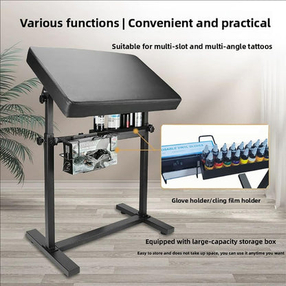 Professionele verstelbare tattoo-armsteun – hoogte 66-98 cm, 340° draaibare tafel (60 x 40 cm) met PU-lederen bekleding, stabiele ijzeren basis en accessoirevak voor studio en tattoo-kunstenaars