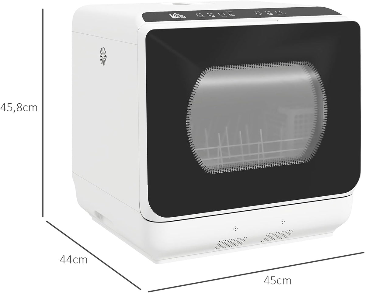 HOMCOM Tischgeschirrspüler mit/ohne Wasseranschluss benutzbar Mini Geschirrspüler mit Platz für 4 Maßgedecke, 6 Programmen, eingebautem 6-Liter-Wassertank, für Büro,Camping, Wohnmobil, Weiß