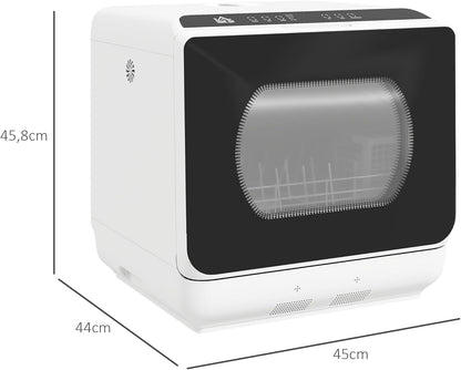 HOMCOM Tischgeschirrspüler mit/ohne Wasseranschluss benutzbar Mini Geschirrspüler mit Platz für 4 Maßgedecke, 6 Programmen, eingebautem 6-Liter-Wassertank, für Büro,Camping, Wohnmobil, Weiß