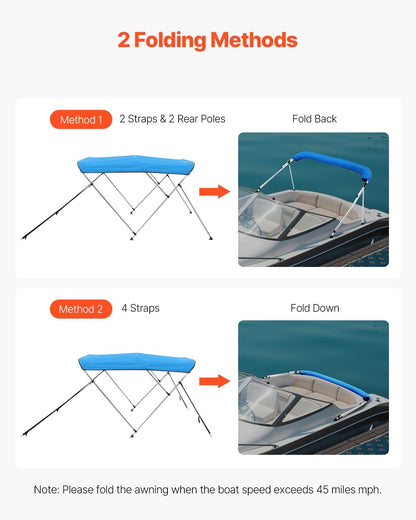 VEVOR Bimini-tops met 3 bogen, 600D polyester luifel met aluminium frame, waterdicht en zonnescherm bootluifel met opbergtas, 2 steunstangen, 4 riemen, 6'Lx (67"-72") Bx46"H, Pacific Blue