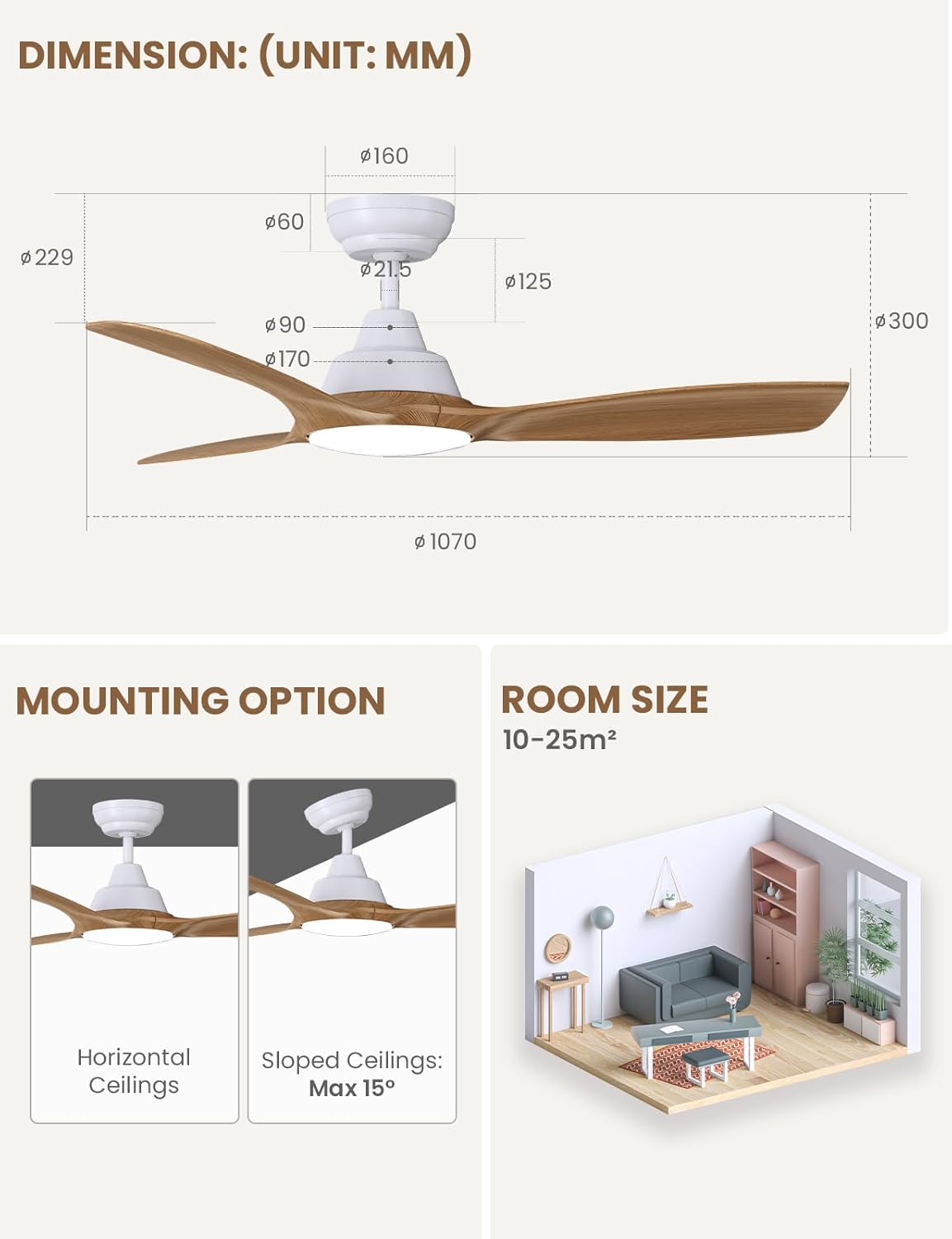 CJOY Plafondventilator met verlichting en afstandsbediening, plafondlamp, 106 cm, 3 bladen van ABS-hout, DC, omkeerbaar, stil, driekleurig, temperatuurled, dimbaar, 6 snelheden voor slaapkamer