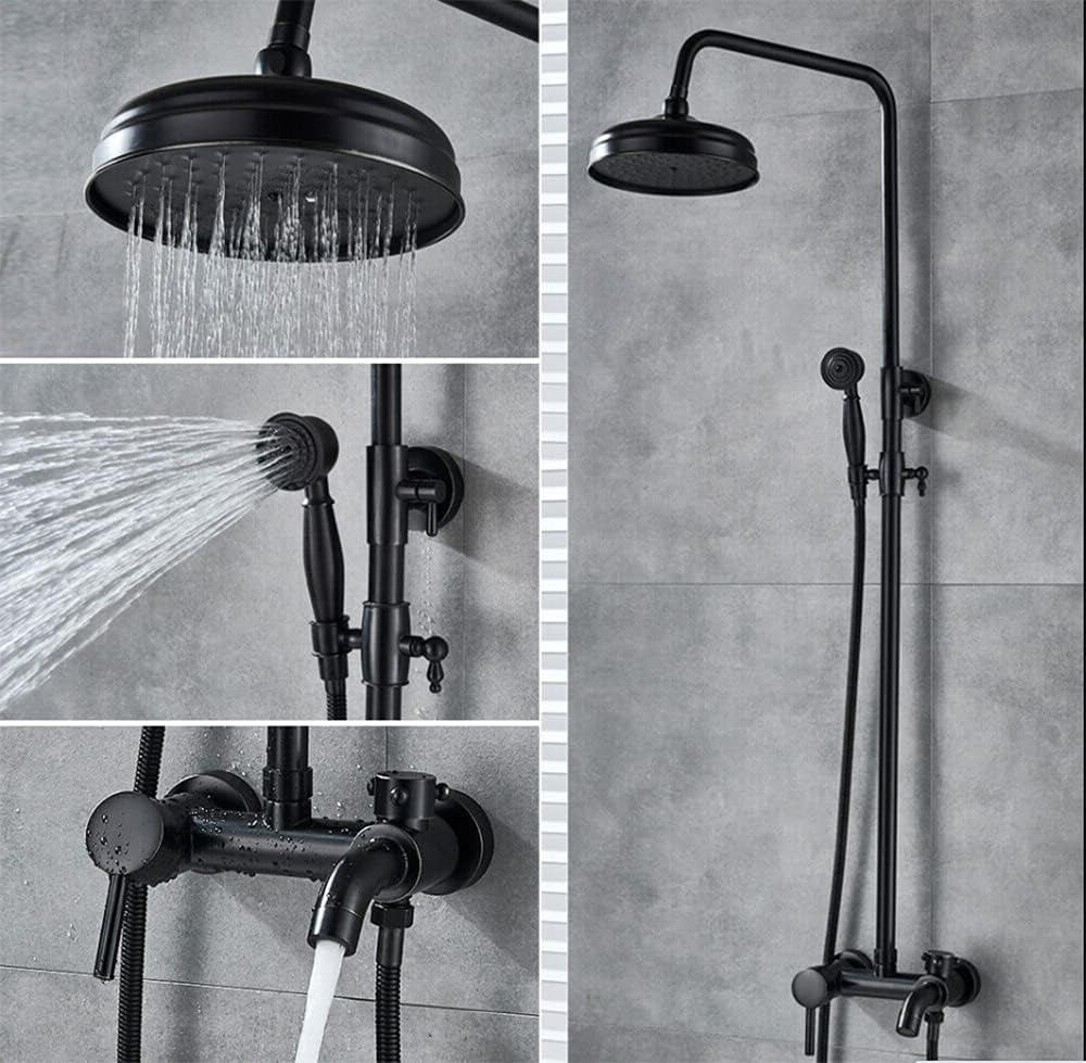 Rain Shower, Shower System, Shower Fixture, Rain Shower Set, Antique Nostalgia with Hand Shower, Wall Mounted Shower, Complete Stainless Steel, Massage Shower Panel, Retro, Round, Black - QUORE
