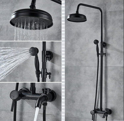 Rain Shower, Shower System, Shower Fixture, Rain Shower Set, Antique Nostalgia with Hand Shower, Wall Mounted Shower, Complete Stainless Steel, Massage Shower Panel, Retro, Round, Black - QUORE
