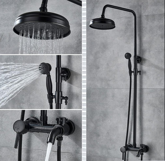 Rain Shower, Shower System, Shower Fixture, Rain Shower Set, Antique Nostalgia with Hand Shower, Wall Mounted Shower, Complete Stainless Steel, Massage Shower Panel, Retro, Round, Black - QUORE