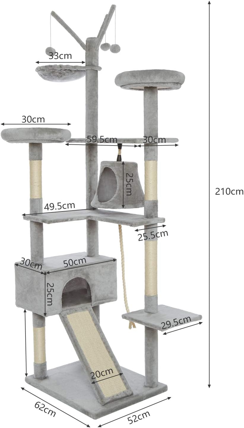 Kattenboom – Krabpaal – Kattenbomen – Kattenkrabberpost – Klimtoren – 210 cm Hoogte – Unieke Golvende Glijbaan – Stabiele Basis Met 6 Niveaus