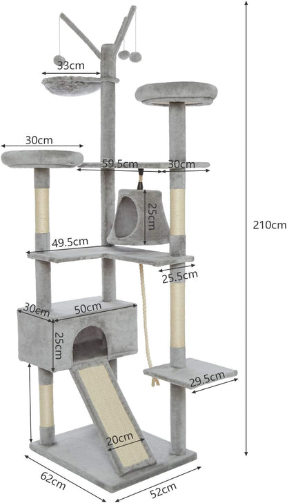 Kattenboom – Krabpaal – Kattenbomen – Kattenkrabberpost – Klimtoren – 210 cm Hoogte – Unieke Golvende Glijbaan – Stabiele Basis Met 6 Niveaus