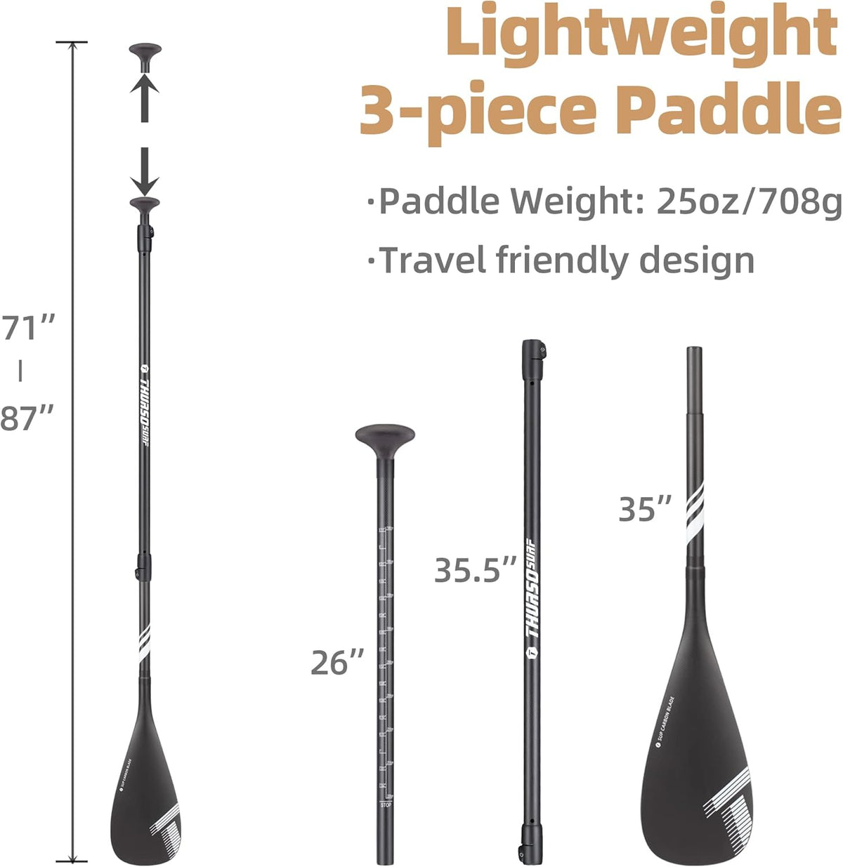 THURSO SURF Carbon Elite SUP Paddle Stand Up Paddle Board Paddle Paddleboard Paddle Kajak Paddle Convertible Full Carbon Fiber 3 Stuk Verstelbare 71 '' 87 '' Ultra Lichtgewicht Drijvende Pro Prestaties