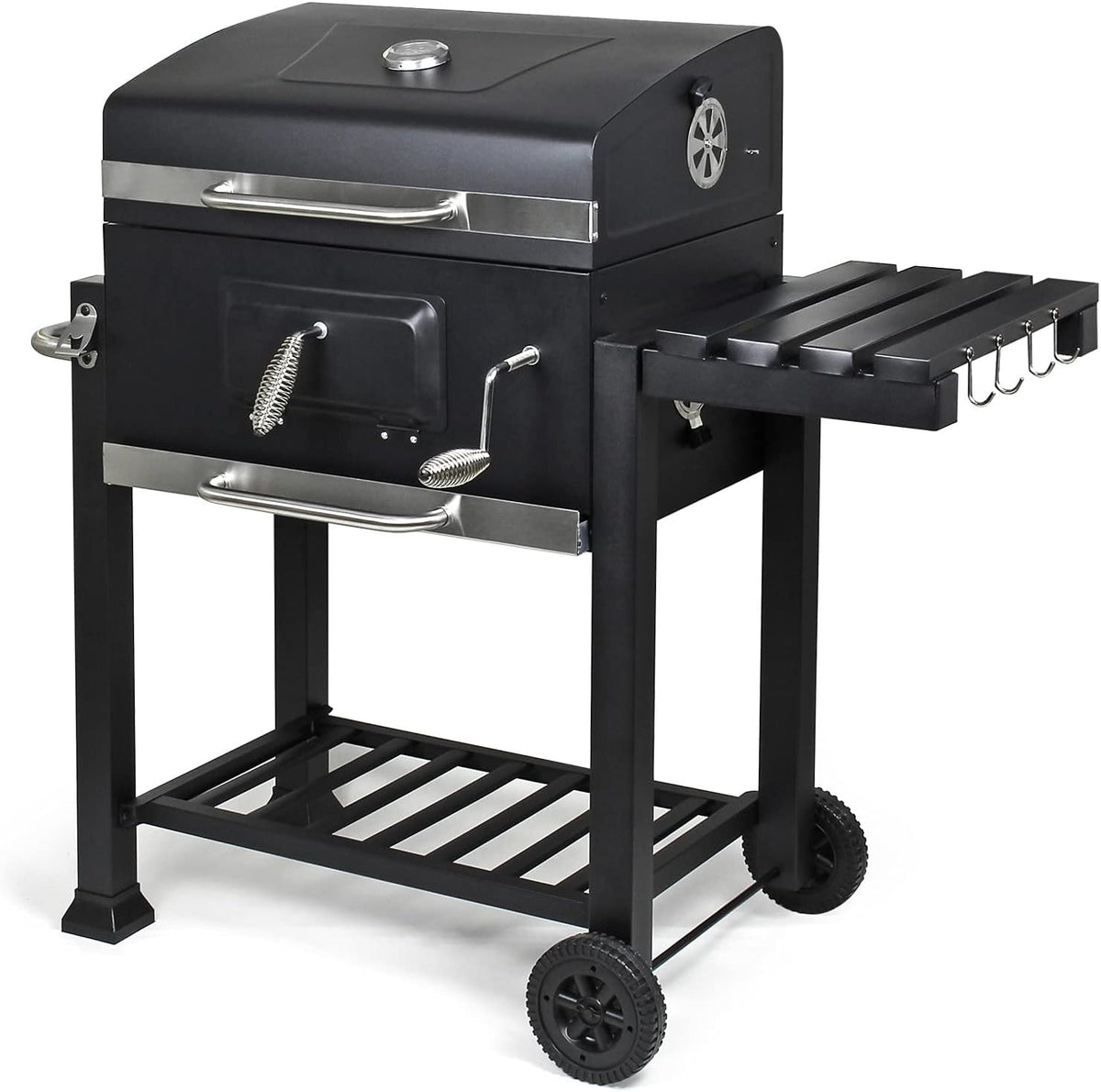 Wiltec barbecue trolley met deksel, houtskool BBQ met legplank en brandklep, grillwagen op wielen met hoogteverstelling inclusief thermometer
