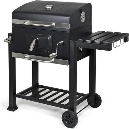 Wiltec barbecue trolley met deksel, houtskool BBQ met legplank en brandklep, grillwagen op wielen met hoogteverstelling inclusief thermometer