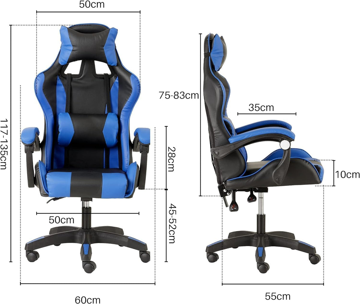 Baroni Home Gamingstoel, ergonomische bureaustoel met verstelbare rugleuning, hoofdsteun en blauwe lendensteun