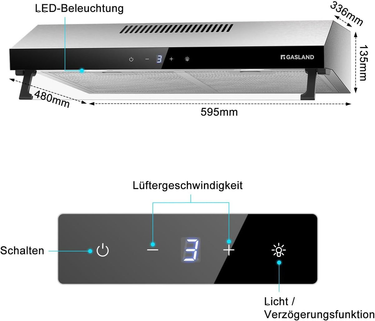 GASLAND Chef UC60SS Afzuigkap met dubbele motor, design afzuigkap, 60 cm circulatie, stille afzuigkappen, afvoerlucht, 333 m³/h, 3 standen, Touch Control, onderbouwkap, roestvrij staal, zilver, met