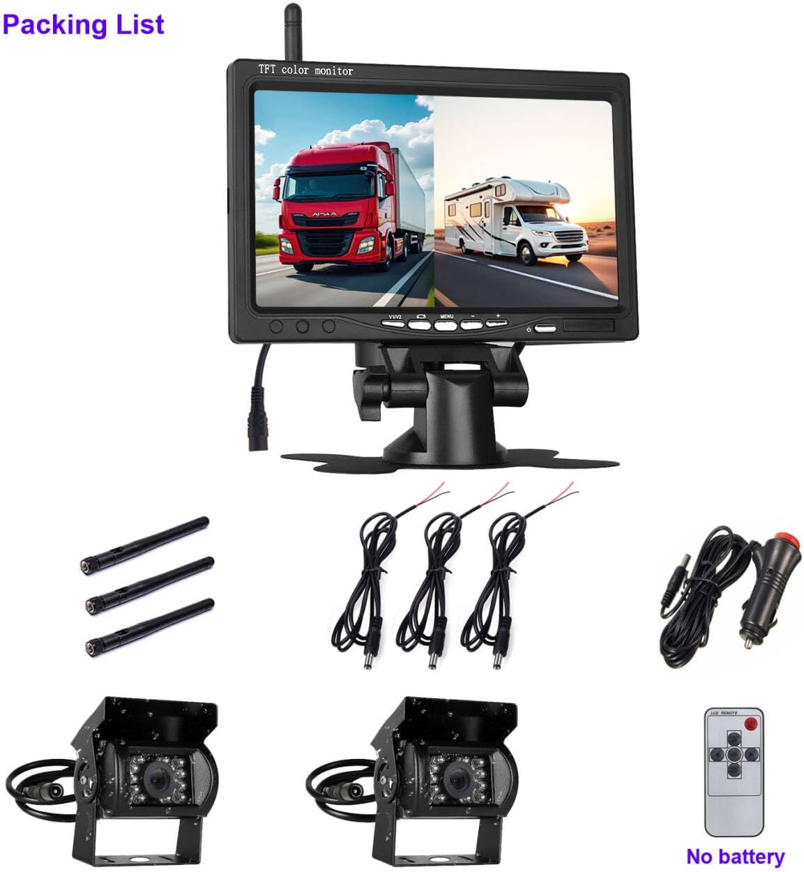 Digitaal draadloos achteruitrijcamerasysteem, 7 inch AHD Split Screen Monitor met IP69 waterdichte achteruitrijcamera IR nachtzicht dubbele achteruitrijcamera voor vrachtwagen/aanhangwagen/camper