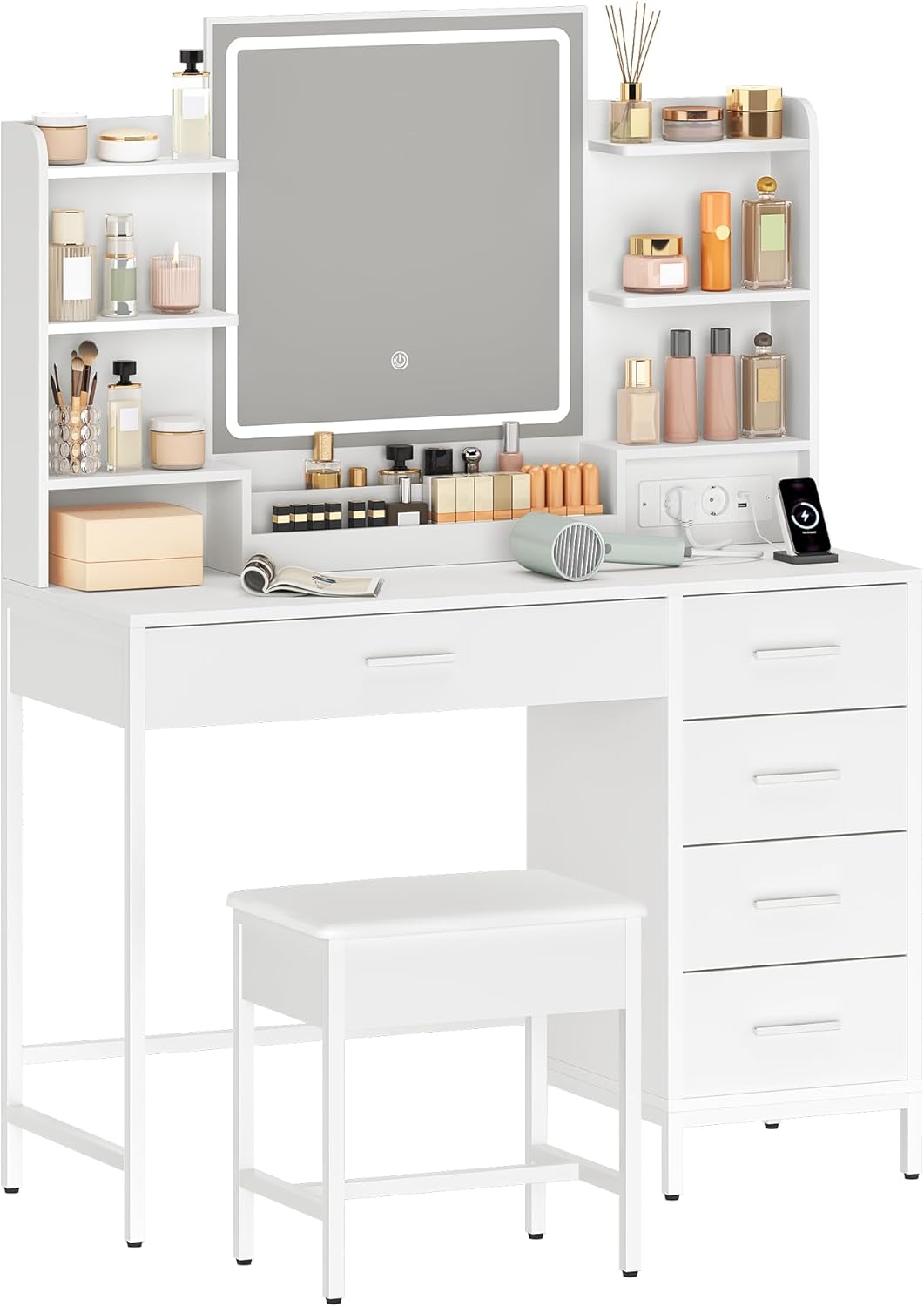 Hzuaneri Dressing Table, Soft Stool, HD Mirror and Adjustable Led Lights, Socket and Usb, 5 Drawers, Open Storage Compartment, White DT35103W