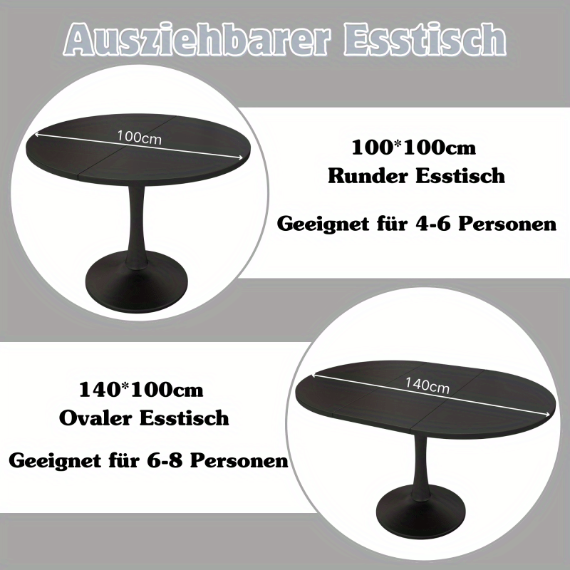 Uitbreidbare Ovale Tafel – Eettafel – Koffietafel – Werktafel – Tafeltje – Zwart MDF – 100-140 cm Lengte – Stevig Tot 100 kg