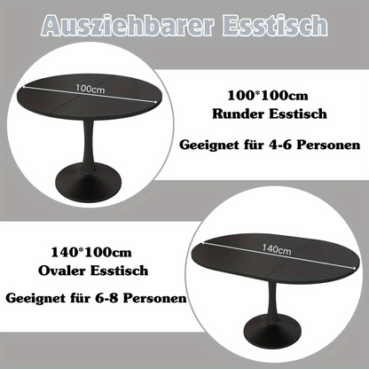 Uitbreidbare Ovale Tafel – Eettafel – Koffietafel – Werktafel – Tafeltje – Zwart MDF – 100-140 cm Lengte – Stevig Tot 100 kg