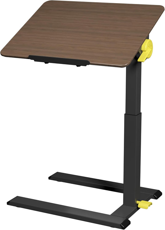 ETHU In hoogte verstelbare bijzettafel met wieltjes, overbedtafel en bureau met kantelbaar tafelblad (50-75 cm), compact met veiligheidsrand, voor ziekenhuis, thuiskantoor, notenhout
