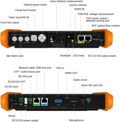 8K IP Camera Tester Multifunctionele CCTV Tester 8 inch scherm 8K H.265 8MP TVI/CVI/AHD/SDI/CVBS Kabel Tester DMM TDR VFL Ondersteuning 55V POE++, SFP poort HDMI & VGA (Model: H12CLMOVTADHSEF)