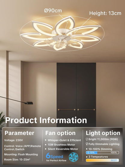 Plafondventilator met Verlichting en Afstandsbediening App, Ventilatorlamp Plafond Stil, Plafondlamp met Ventilator Modern Ontwerp, Dimbaar, Geheugenfunctie, 6 Snelheden, DC Motor