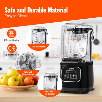 VEVOR Professionele blender met bescherming, gecombineerd met 2 l glazen kruik, roestvrij staal, 9 snelheden en 5 functies, voor smoothies, zwart, 280 x 240 x 505 mm