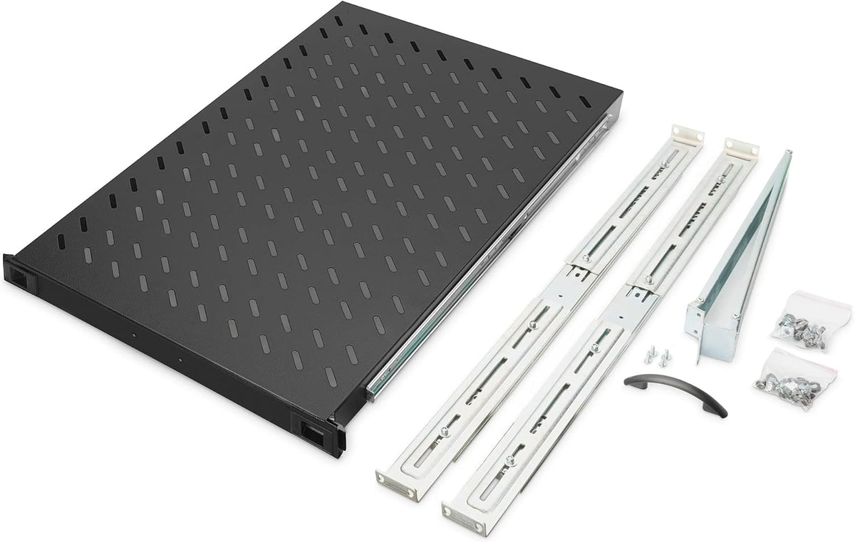 DIGITUS Uittrekbaar legbord - 19-inch - 1U - Voor- en achterbevestiging - Draagvermogen 65 kg - Voor netwerk- en serverkasten - Vanaf 1000 mm kastdiepte - Zwart