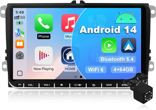 4+64G Android 14 Car Stereo voor VW Golf / Seat / Passat / Polo / Jetta / Touran 9 inch Multimedia Stereo Radio met Wireless Carplay Android Auto Mirror Link SWC GPS Bluetooth WiFi FM Backup Camera