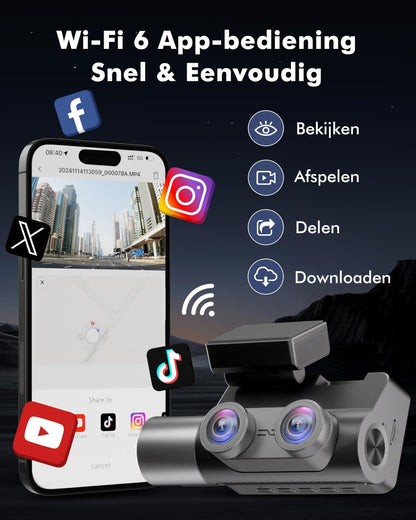3-Kanaals Dashcam Auto, 4K UHD Voorkant + Full HD Achter + Interieur, Dashcam met 24u Parkeerbewaking, WiFi 6 & GPS, HDR/WDR Nachtzicht, 3 inch IPS dash cam met 64GB kaart (V1)
