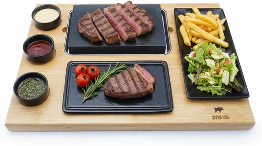 Hot Stone Steakbord – Lavasteen Steakbord – Hot Stone Steengrill Set – Hete Steen Grillplaat – Tafelgrill – 8-Delig Met 3 Dipschalen En Extra Plaat – Hete Lavasteen Tot Boven 300 °C