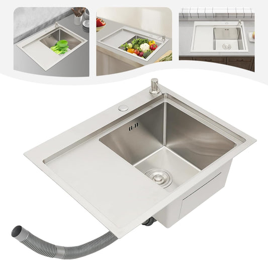 Stainless Steel Kitchen Sink, Built-in Sink Set with Soap Dispenser and Drainer Basket, Drainage Set, Sink, Sink, Basin, Modern Rectangular, Silver, 63 x 50 cm - QUORE