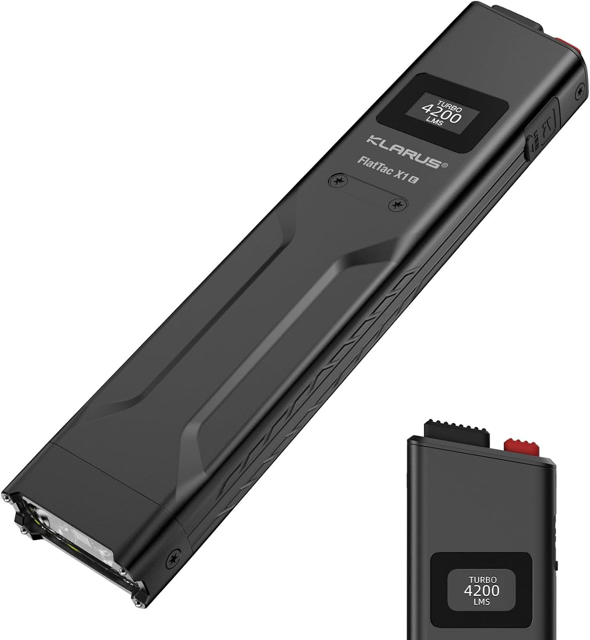 KLARUS FlatTac X1 Uitra Slim Tactical Zaklamp, 4200 Lumen, Krachtige en Compacte Zaklamp met Dubbele schakelaar, OLED-scherm, IPX6 waterdicht Perfect voor Buiten, Dienst, Noodgevallen