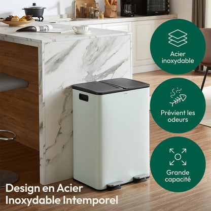 Afvalemmer 60L – Vuilnisbak – Prullenbak – Afvalcontainer – Afvalscheider – Dubbel Compartiment 2x30L – RVS Geborsteld – Geurwerend & Anti-vingerafdruk