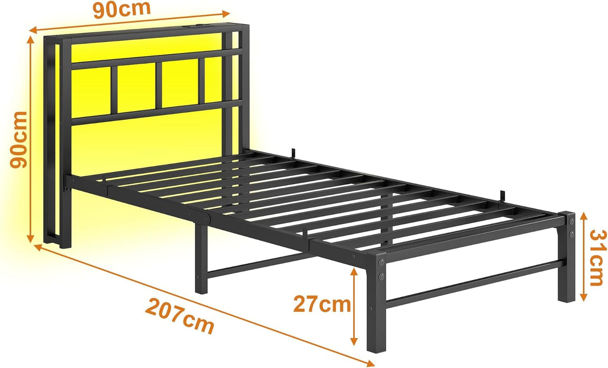 Bed 90 x 200 cm met lattenbodem van metaal, bedframe, 90 x 200 cm, met ledverlichting, metalen bed met stopcontact en 2 USB-oplaadfuncties, metalen bed met houten hoofdeinde, opbergruimte, bedframe