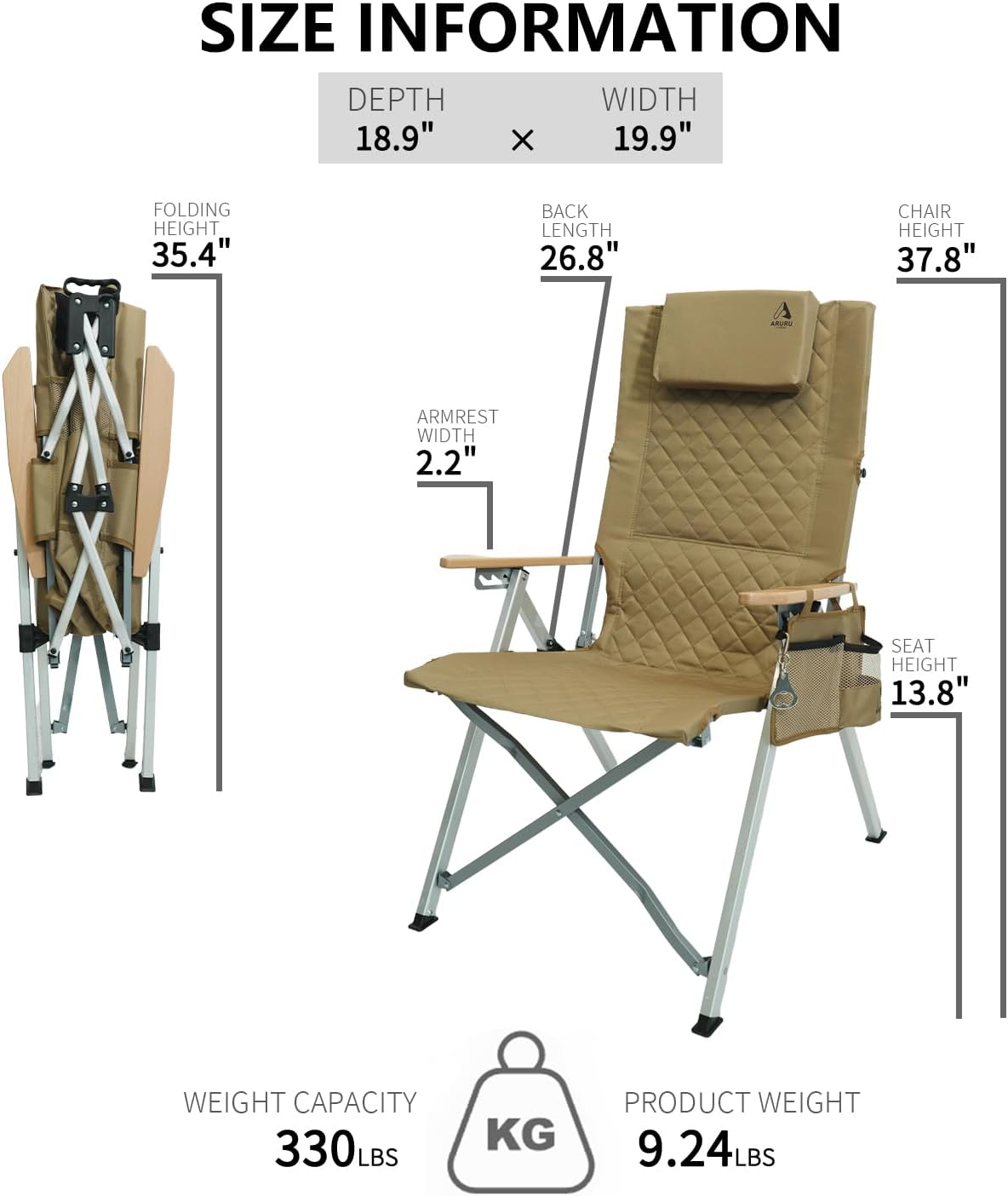 Campingstoel, opvouwbaar, hoge rugleuning, verstelbaar in 4 posities, tot 150 kg, klapstoel, tuinstoel, bekerhouder met zijvak, visstoel, outdoor, voor camping, tuin, balkon (kaki, 2 stuks)