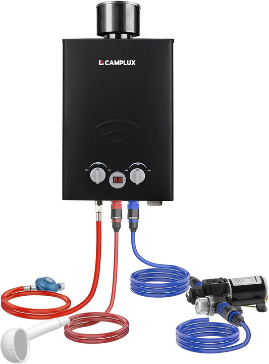CAMPLUX Tankloze 6 Liter Gasdoorstroomboiler met 12 V Waterpomp en Regenhoes, 50 mbar, LPG, voor Campingdouche/Wapaard, BW158BCP60-DE