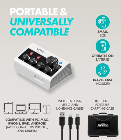 Movo Draagbare podcast-apparatuurbundel voor iPhone/Android-telefoons - Podcastkit met audio-interface, 2 CastMic dynamische microfoons, 2 tafelstandaarden - voor smartphones, computers, pc, Mac