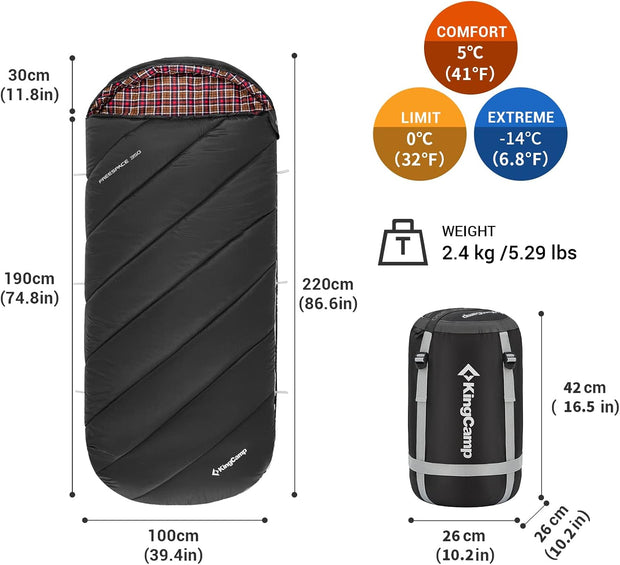 KingCamp Slaapzak XL 3-4 Seizoenen Katoen Flanel 220 x 100 cm Extra Groot voor Volwassenen Extreem -8 °C Compact Draagbaar Comfortabel Professioneel Warm voor Kamperen Wandelen Buiten Binnen