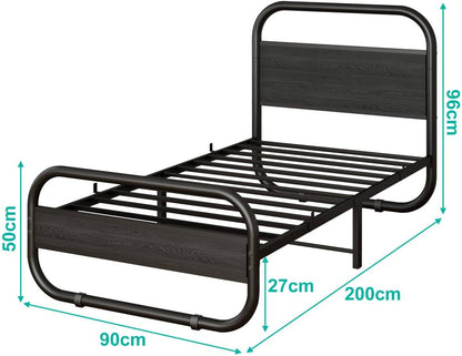 HOMERECOMMEND Bedframe van metaal en hout, met lattenbodem, 90 x 200 cm met hoofdeinde, ovaal platformbed met opbergruimte onder het bed, 90 x 200 cm, zwart