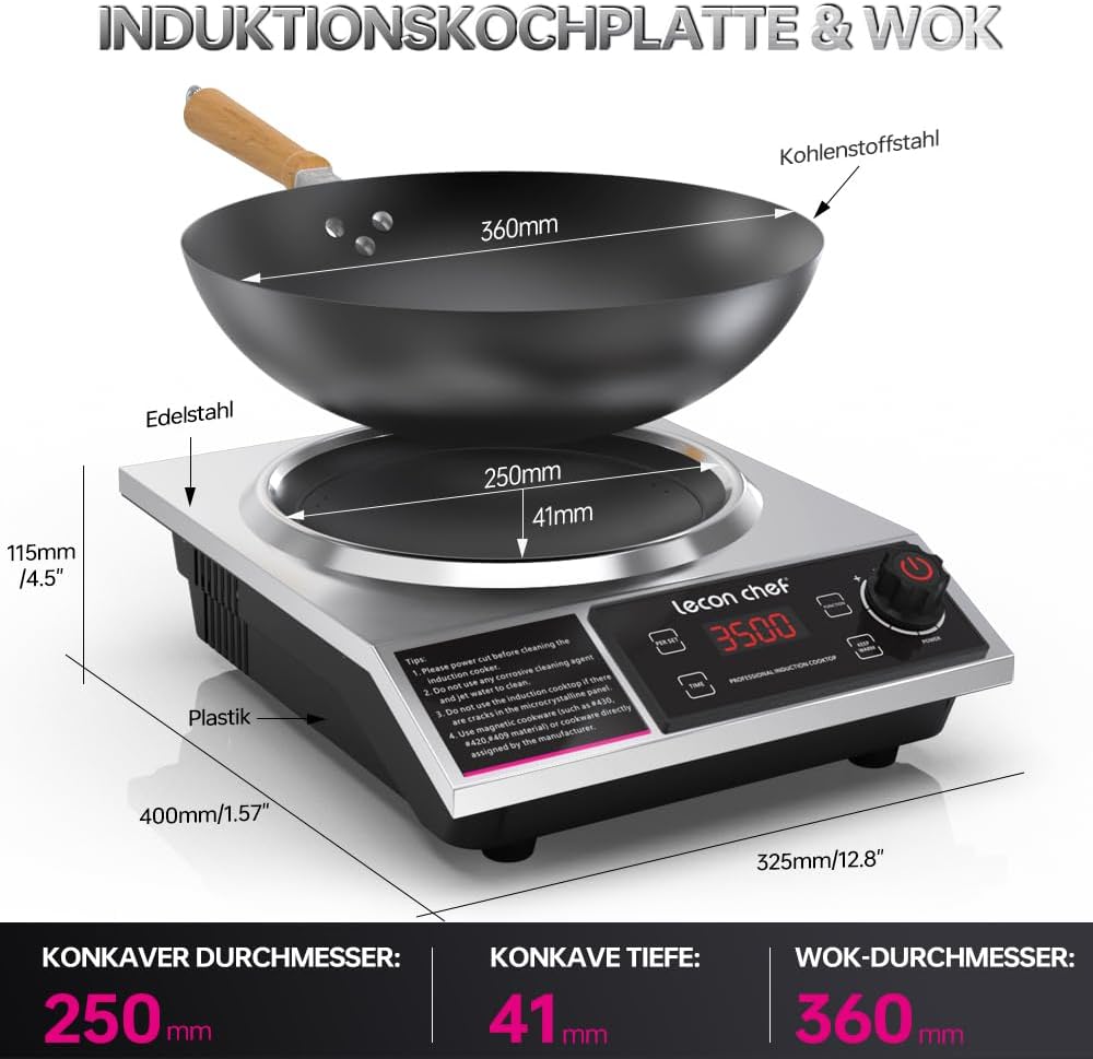 Inductiekookplaat met wok, 3500 W enkele inductiekookplaat, 60 kg draagkracht, timer en voorinstelling, 11 temperatuur- en vermogensinstellingen