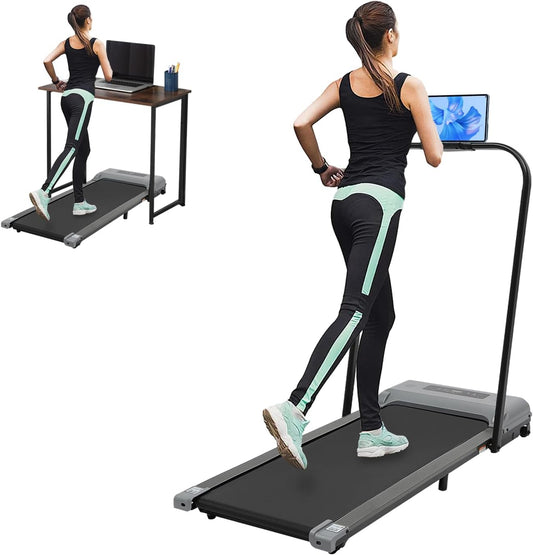 Small Electric Treadmill, Foldable, LED Display, with Armrests and Remote Control, Maximum Speed 6km/h, Non-Slip, Foldable, Suitable for Home, Gym, Office (Grey) - QUORE