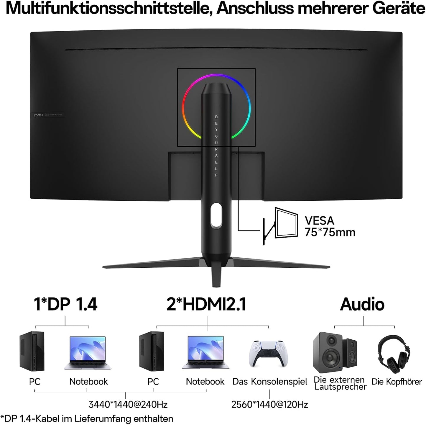 KOORUI 34-Zoll-Gaming-Monitor,240Hz PC Bildschirm,Curved 1500R,Adaptive Sync, Ultrawide WQHD (3440×1440), HDR400, höhenverstellbar (110mm),Pip/PBP,Schwarz - QUORE