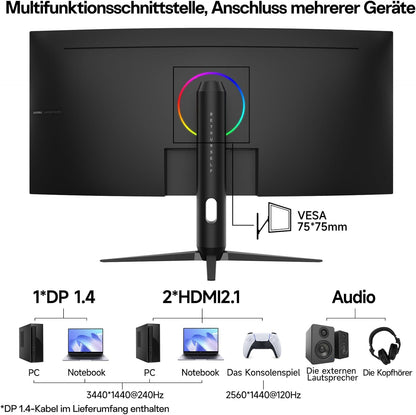 KOORUI 34-Zoll-Gaming-Monitor,240Hz PC Bildschirm,Curved 1500R,Adaptive Sync, Ultrawide WQHD (3440×1440), HDR400, höhenverstellbar (110mm),Pip/PBP,Schwarz - QUORE