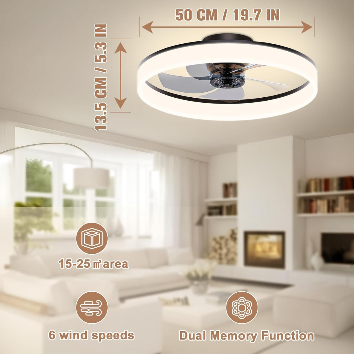 VOLISUN Plafondventilator met verlichting en afstandsbediening, 6 windstanden en dimbaar, moderne plafondlamp met ventilator, stille led-plafondventilator voor slaapkamer en woonkamer (wit, 50 cm)