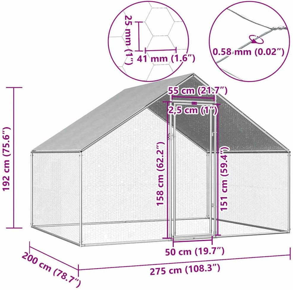 vidaXL Chicken Coop Poultry Animal Hens Chicken Coop Stay Cage Chicken Enclosure Chicken Coops Pet Animal Chicken Cage Galvanized Steel - QUORE