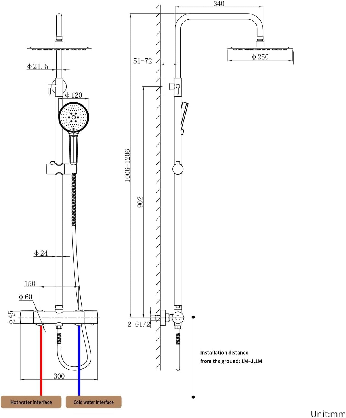 Doucheset – Douchesysteem – Regendouche – Handdouche – Thermostaatkraan – RVS 25 cm Regendouche – 3 Straalsoorten Handdouche – Verstelbare Douchestang