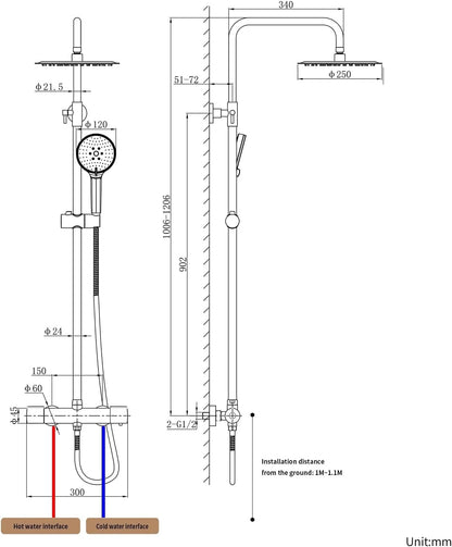 Doucheset – Douchesysteem – Regendouche – Handdouche – Thermostaatkraan – RVS 25 cm Regendouche – 3 Straalsoorten Handdouche – Verstelbare Douchestang