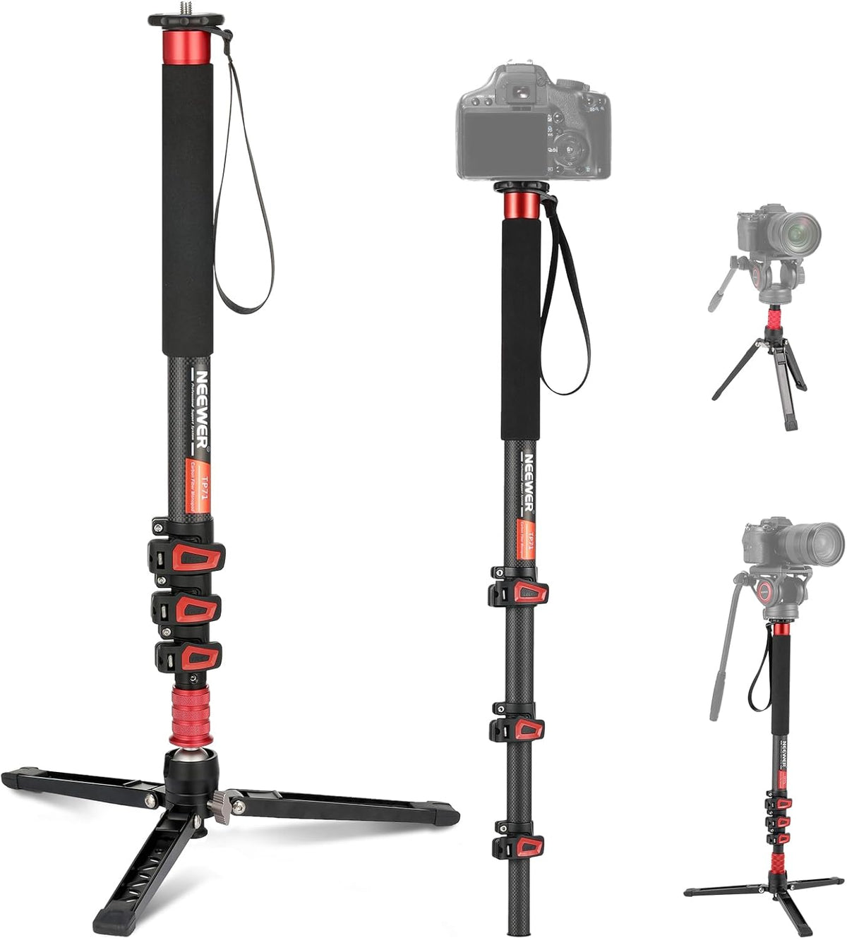 Camera Monopod – Eenpootstatief – Monopod Statief – Camerastandaard – Reisstatief – Uitschuifbaar 72-182 Cm – Afneembare Basis Met 90° Kanteling – Koolstofvezel, Tot 6 Kg Draagvermogen